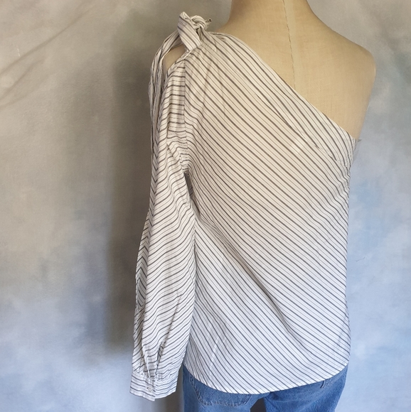 BP. Black & White Pinstripe Split Long Sleeve One Shoulder Dress Blouse Sz XXS - Picture 8 of 16